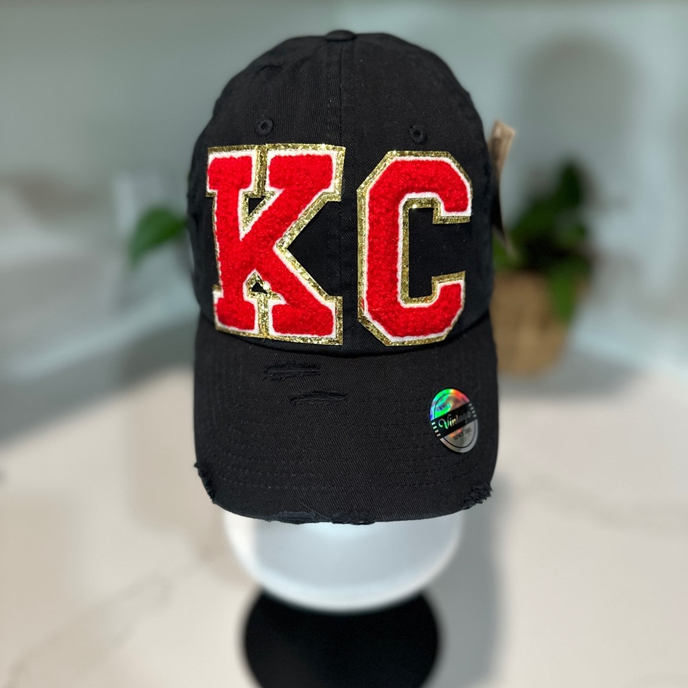 New distressed black hat with KC Chenille letters